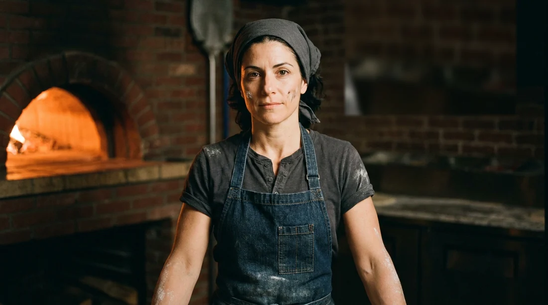 The pizzaiola of Ash and Oak at her oven